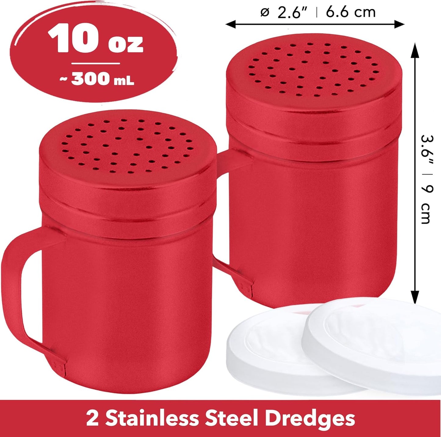 CUSINIUM Metal Salt Pepper Dredge Shakers - With Handle - Seasonings Spice Shakers With Holes and Lids - 10 Ounce, 2pcs | Style: Medium
