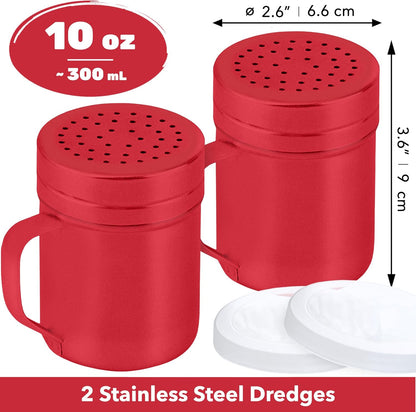 CUSINIUM Metal Salt Pepper Dredge Shakers - With Handle - Seasonings Spice Shakers With Holes and Lids - 10 Ounce, 2pcs | Style: Medium
