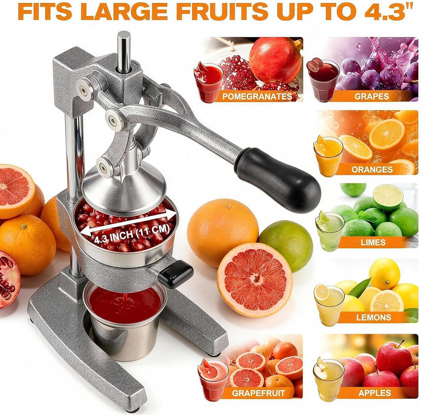 Cast Iron Citrus Juicer - 13.8LB Heavy Duty Manual Orange Press, 304 Stainless Steel Cup & Strainer, Professional Lemon Grapefruit Pomegranate Squeezer for Home Bar Kitchen, Orange