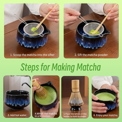 TEANAGOO Matcha Whisk Set, 7 Pcs Matcha Set Blue, Matcha Kit for Ceremony, Matcha Tea Set for Making Breakfast/Latte, Ceramic Matcha Bowl(chawan) whith Spout and Whisk, Gift for Friend/Family