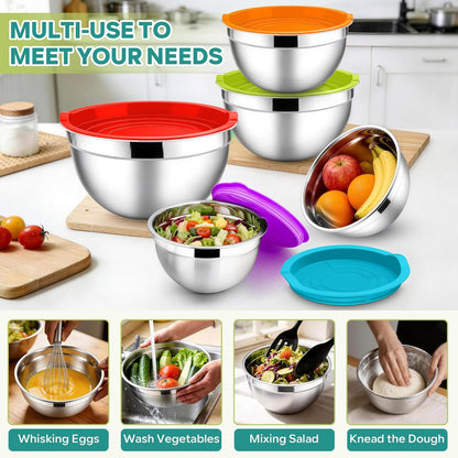 E-far Mixing Bowls with Lids, 6-Piece Stainless Steel Salad Bowls Metal Nesting Bowls for Baking Cooking and Prepping, Airtight Lids & Stackable Design, Size 4.5, 3, 1.5 QT (Black)