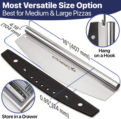 KitchenStar 14-Inch Pizza Cutter Rocker Blade - Sharp Stainless Steel Slicer Knife, Protective Cover, Dishwasher Safe, Large - Professional Pizza Oven Accessories