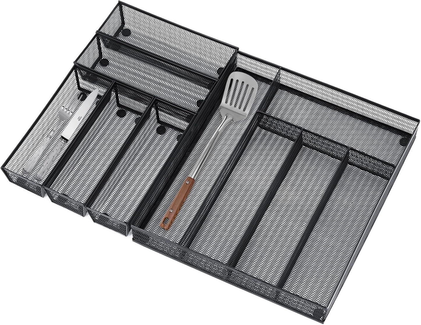 Neudeco Silverware Drawer Organizer - 5 Compartment Cutlery Tray with Non-Slip Feet, Mesh Wire Flatware Storage Divider for Kitchen, Bedroom, Living Room (Silver)
