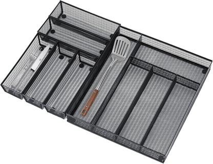Neudeco Silverware Drawer Organizer - 5 Compartment Cutlery Tray with Non-Slip Feet, Mesh Wire Flatware Storage Divider for Kitchen, Bedroom, Living Room (Silver)