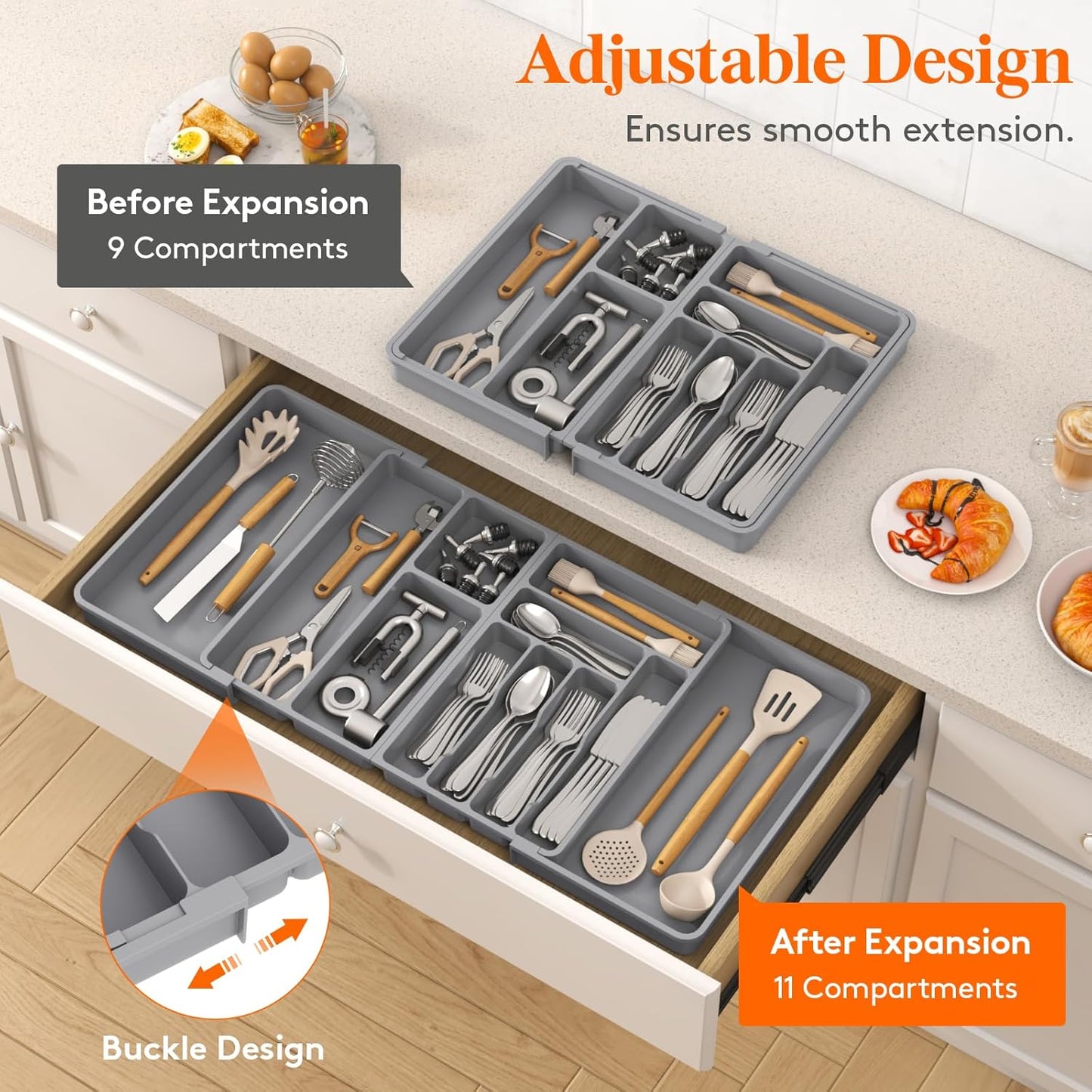 Lifewit Utensil Organizer for Kitchen Drawer, Expandable Cooking Silverware Tray, Adjustable Cutlery Flatware Holder, Plastic Spatula Tools Storage Divider, 14.4 x 15.8", Black