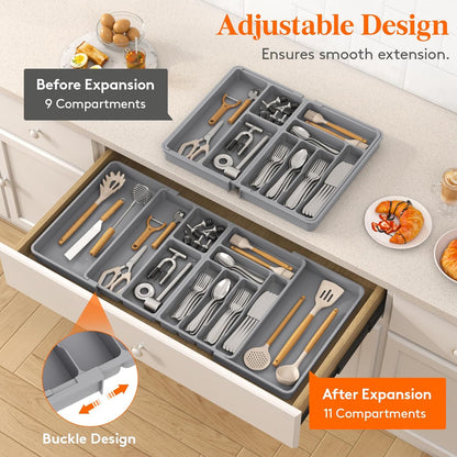 Lifewit Utensil Organizer for Kitchen Drawer, Expandable Cooking Silverware Tray, Adjustable Cutlery Flatware Holder, Plastic Spatula Tools Storage Divider, 14.4 x 15.8", Black