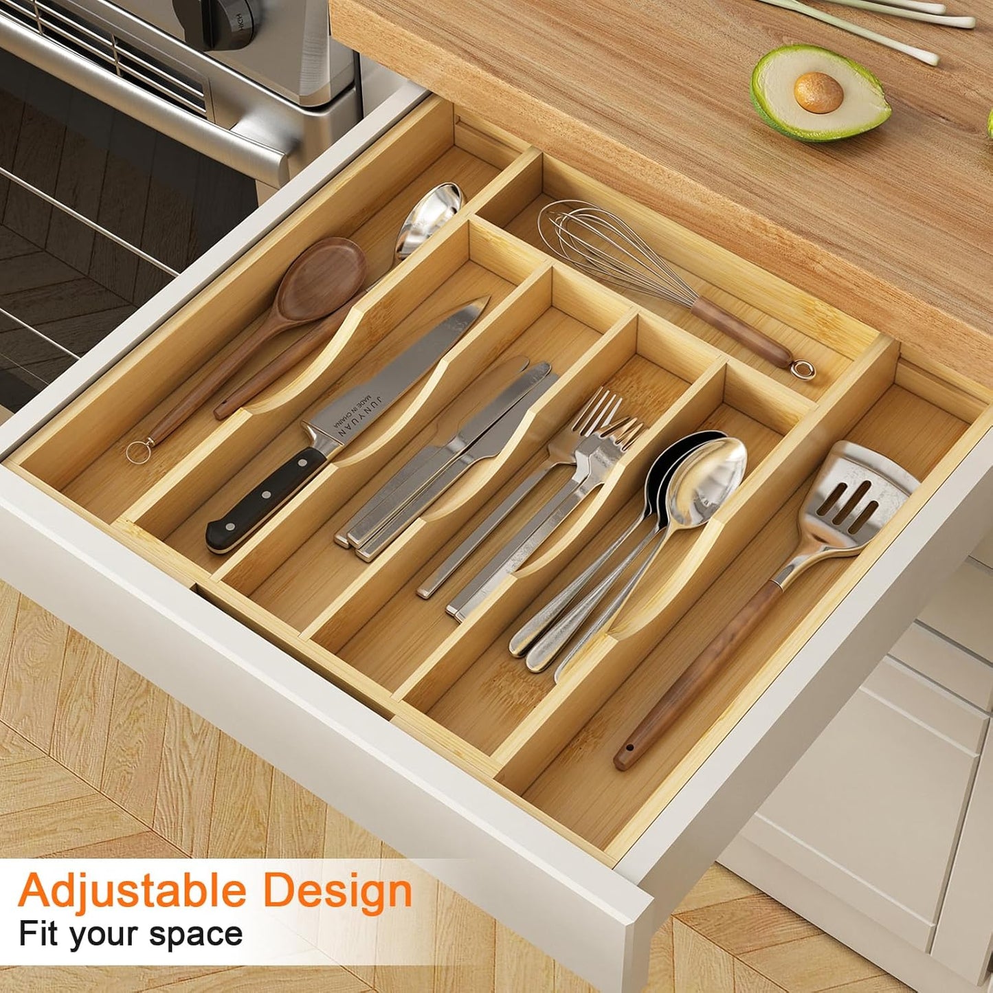 Youpehom Bamboo Utensil Organizer for Kitchen Drawers, Utensil Tray and Cutlery Silverware Holder,Wood Drawer Dividers with 5 Slots
