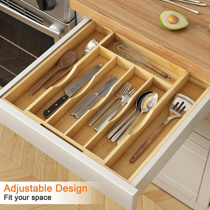 Youpehom Bamboo Utensil Organizer for Kitchen Drawers, Utensil Tray and Cutlery Silverware Holder,Wood Drawer Dividers with 5 Slots