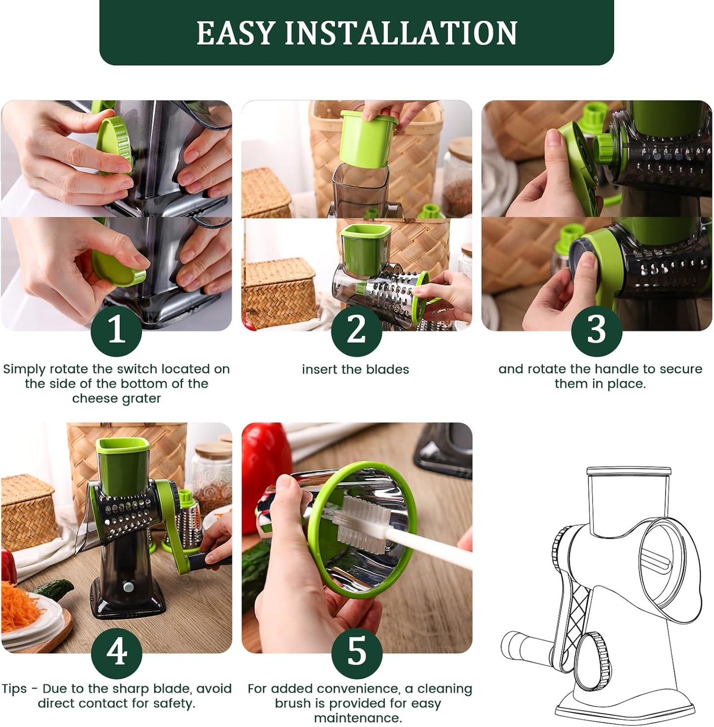 HANSGO Rotary Cheese Grater Hand Crank, Shredder Slicer Grinder, 3 Large Diameter Metal Blades & Cleaning Brush, Non-slip Suction Base, Labor-Saving Handle, Kitchen Gadgets for Cheese, Vegetable, Nuts