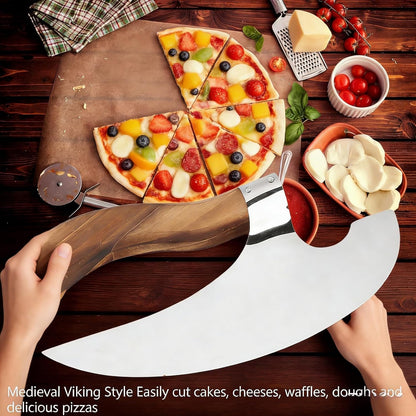 Pizza Cutter Chef Pizza Axe, Camping Knives Tools Mezzaluna Ulu Knife Viking Butcher Cleaver Super Steel Wooden Handle Sharp Rocker Slicer Stainless Steel Blade (walnut wood, 8.6inch)