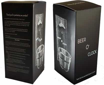 “Beer O’ Clock” Rustic Wall Mounted Bottle Opener and Catcher - Dark Stain Pine with Zinc Alloy Opener - Removable Wooden Bucket - Man (or Woman) Cave Ready