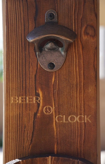 “Beer O’ Clock” Rustic Wall Mounted Bottle Opener and Catcher - Dark Stain Pine with Zinc Alloy Opener - Removable Wooden Bucket - Man (or Woman) Cave Ready
