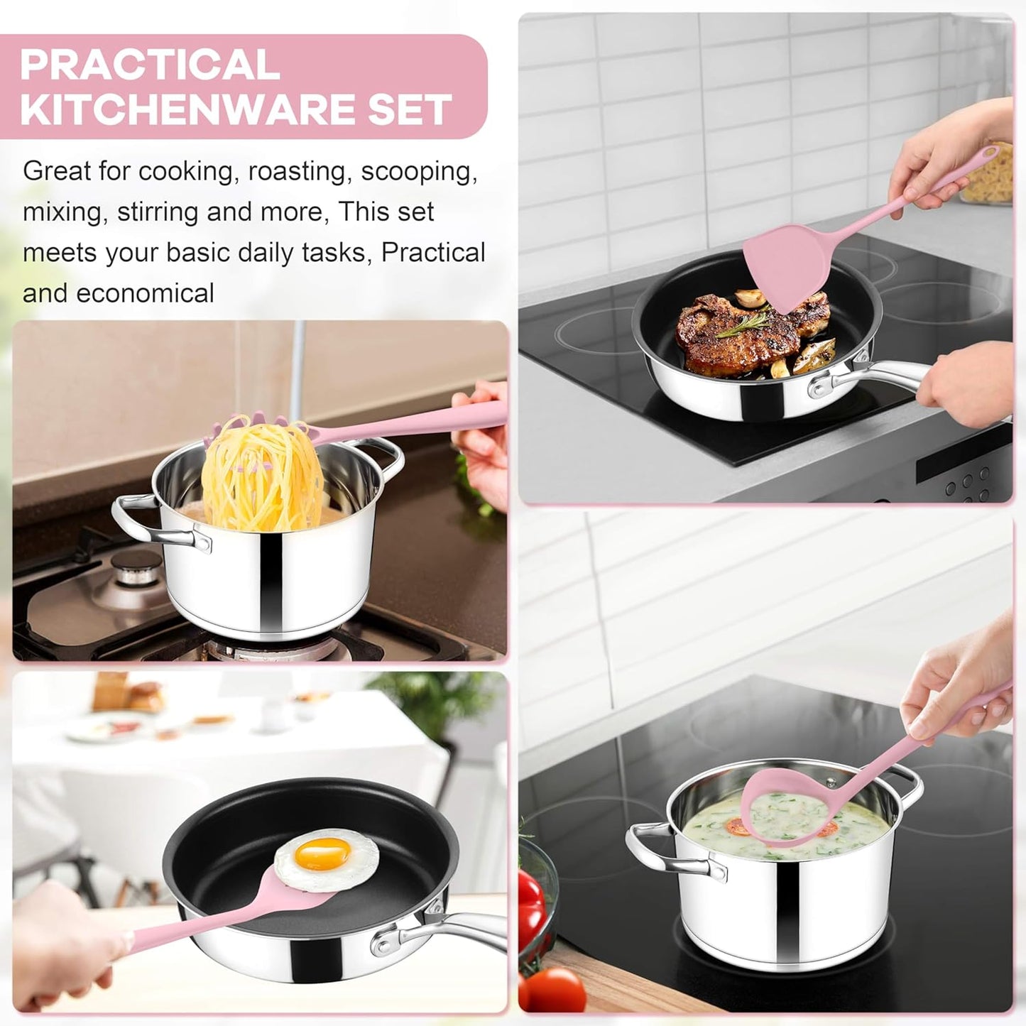 TeamFar 8 PCS Silicone Cooking Utensils - 446°F Heat Resistant Kitchen Silicon Utensils Set, Turner, Spatula, Spoon, Whisk, Kitchen Cooking Gadgets Tools for Nonstick Cookware, Dishwasher Safe-Black