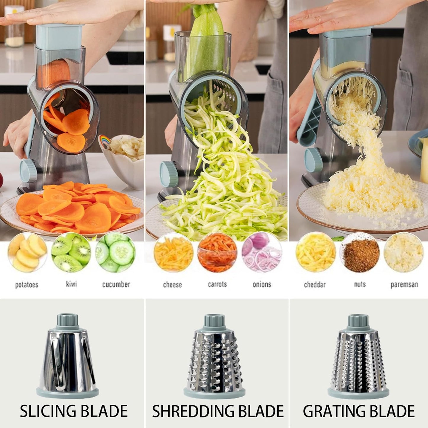 Cheese Grater Hand Crank Rotary Vegetables Shredder with Handle, 3-in-1 Graters with Interchangeable Blades and Non-slip Base Multifunctional Slicer for Kitchen