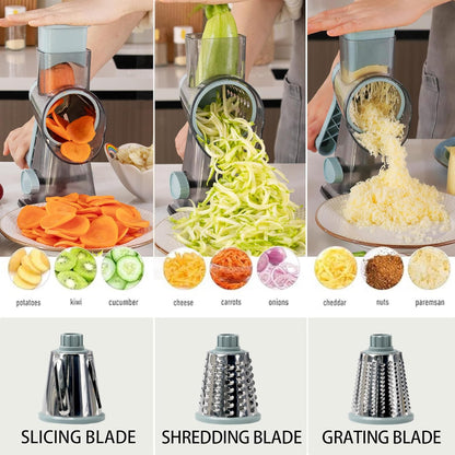 Cheese Grater Hand Crank Rotary Vegetables Shredder with Handle, 3-in-1 Graters with Interchangeable Blades and Non-slip Base Multifunctional Slicer for Kitchen