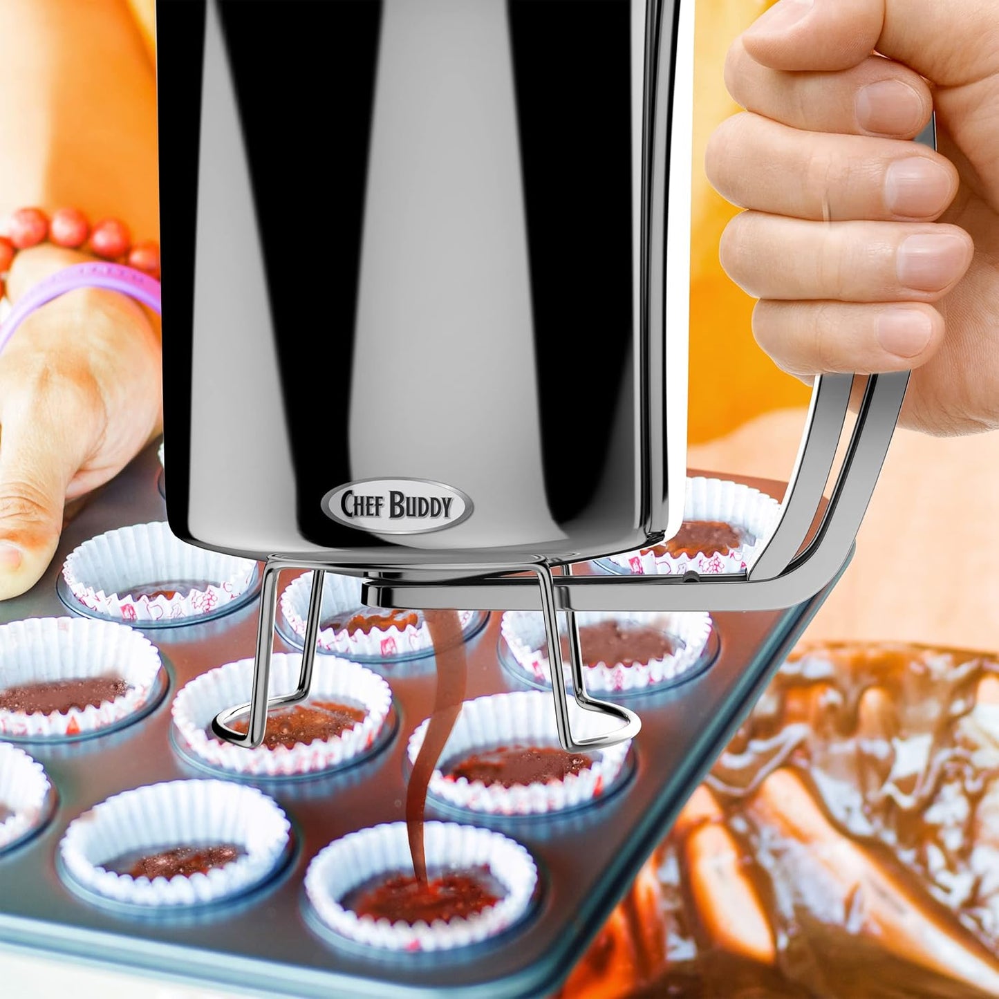 Classic Cuisine Pancake Batter Gourmet Stainless-Steel Pourer-Perfect for Baking Cupcakes, Waffles, Cakes, and Muffins-No Drip Dispenser, 4.25" x 6.25" x 5", Silver,265349MKK