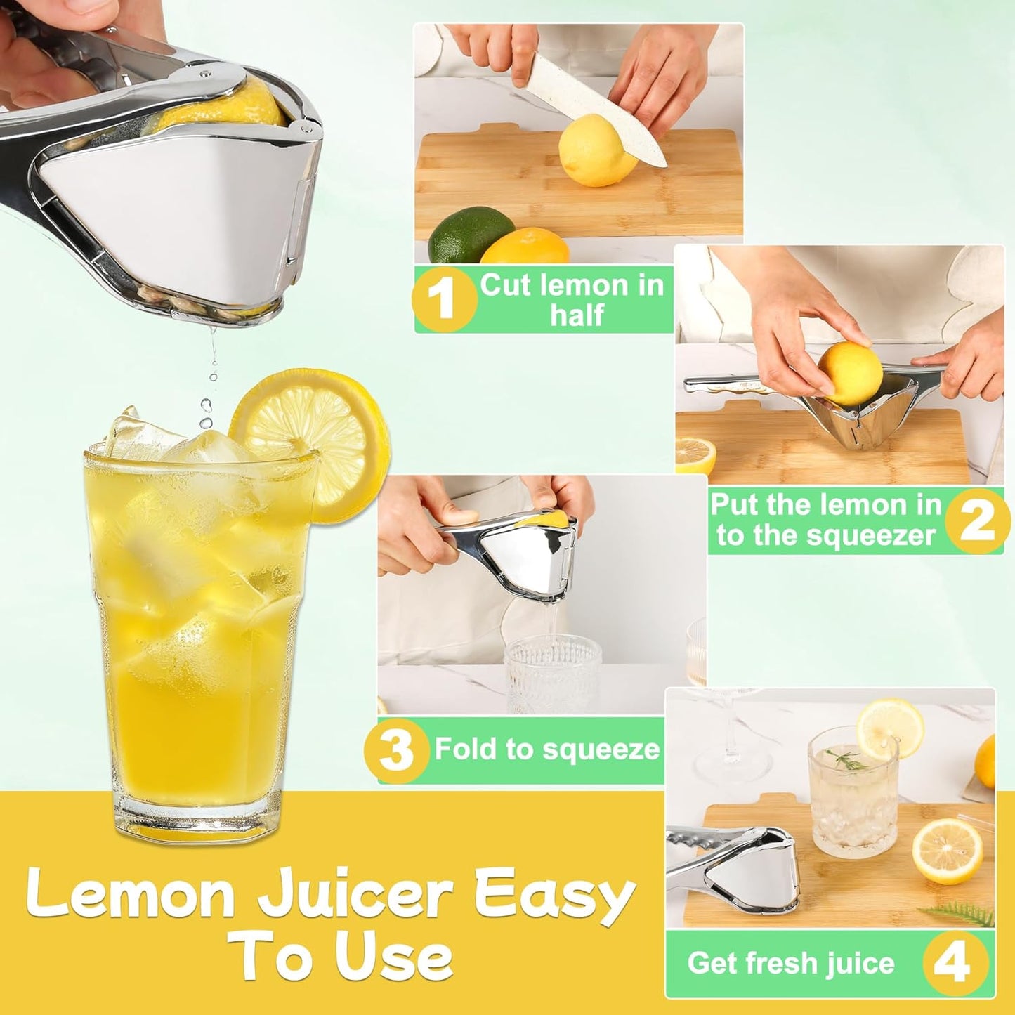 Lemon Squeezer, Stainless Steel Hand Flat Manual Juicer, Lime Press Handheld, Easy to Use Fruit Citrus Press for Lemons, Citrus, Lime, Orange (Silver)
