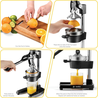 Eurolux Ultra-Premium Cast Iron Juicer | Extra-Large, Heavy Duty, Commercial Grade, Stainless Steel Manual Hand Press Citrus Squeezer For Fresh Orange Juice, Pomegranate, Lemon, and Much More (Gray)