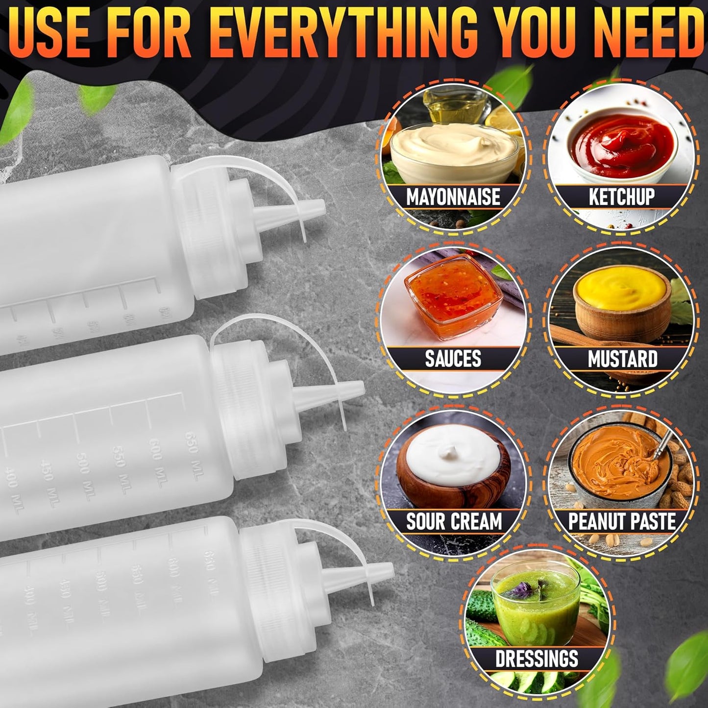 Set of 6 Inverted Condiment Squeeze Bottles 16 oz – Upgraded Design with Added Sealing Gaskets, Self-Closing Valve, Easy-to-Fill Clear Bottles for Sauces, Dressings, Ketchup, Mustard for Everyday Use