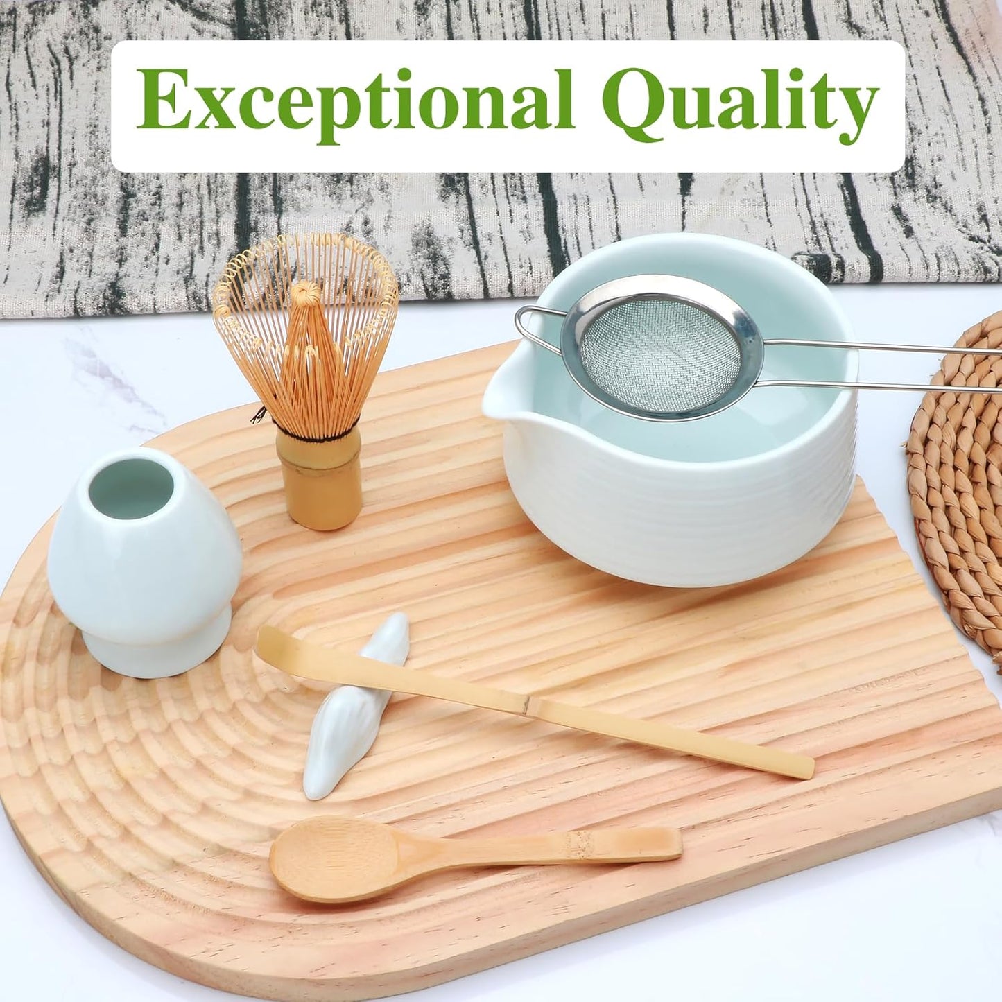Accguan Matcha Whisk Set, 7pcs - Bamboo & Ceramic, Includes 19 oz Bowl, Whisk, Spoons, Holder, Sifter & More - Perfect for Matcha Lovers
