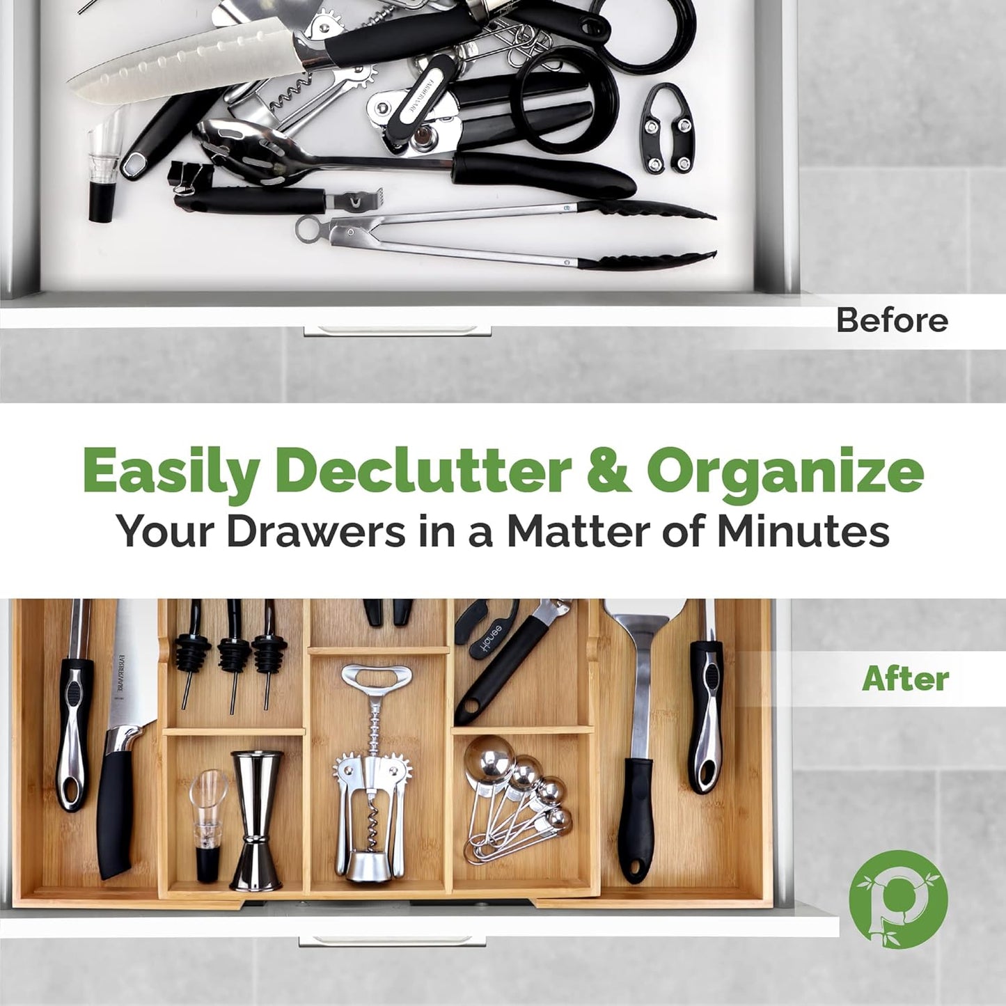 Pristine Bamboo Silverware Organizer - Small Extra-Deep Wooden Kitchen Drawer Organizer Divider for Spoons, Forks, Knives & Cutleries - 5 Slots