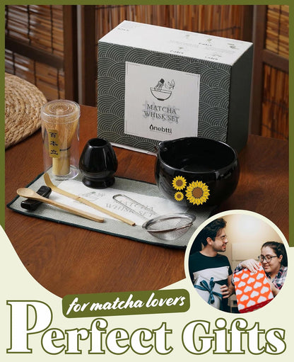 Onebttl Matcha Whisk Set Gifts, 8 Pcs Ceramic Matcha Kit Set Includes Matcha Bowl, Matcha Whisk and Holder, Bamboo Spoon and Scoop, Scoop Rest, Sifter and Tea Towel - Sunflower