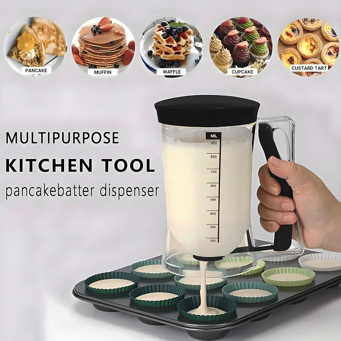 Pancake Batter Dispenser with Measuring Label, 4 Cup Capacity, 900ml With Squeeze Handle Kitchen Dispenser Bottle for Pancakes, Waffles, Muffins, Green