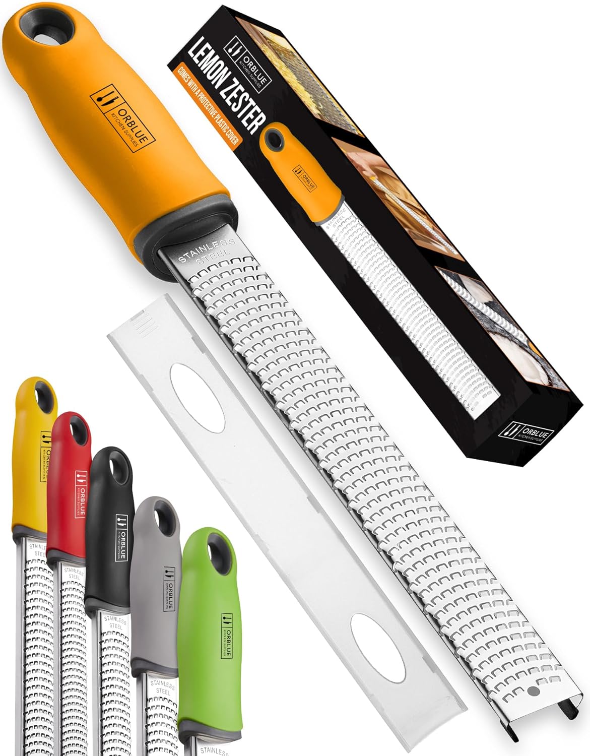 Orblue Lemon Zester & Cheese Grater - Premium Citrus Zester, Kitchen Grater for Parmesan, Chocolate, Fruits, Vegetables, Ginger, Garlic, Nutmeg - Stainless Steel Blades with Protective Cover, Black