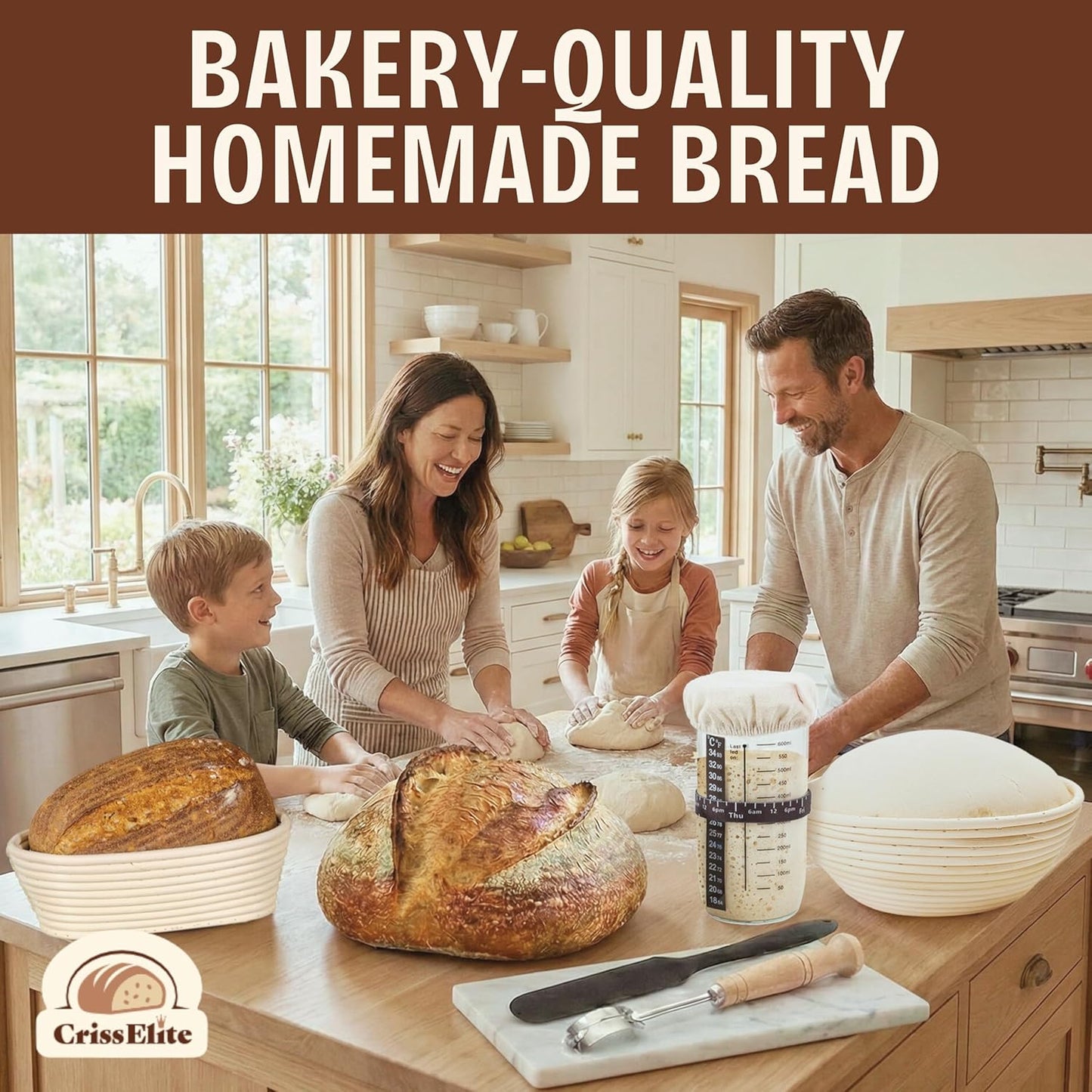 CRISS ELITE 11" Oval Banneton Proofing Basket Set of 2 - Sourdough Starter Kit with Bread Lame, Danish Whisk, Metal & Bowl Scrapers, Cleaning Brush - Professional Artisan Baker Gift Set