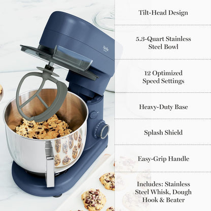 Martha Stewart Tilt-Head Stand Mixer, 12 Speed, 5.3QT Stainless Steel Bowl, Splash Guard with Pour Chute, Whisk, Dough Hook, Flat Beater, Electric Kitchen Baking Mixer, Bread, Cake, Whip, Sky Blue