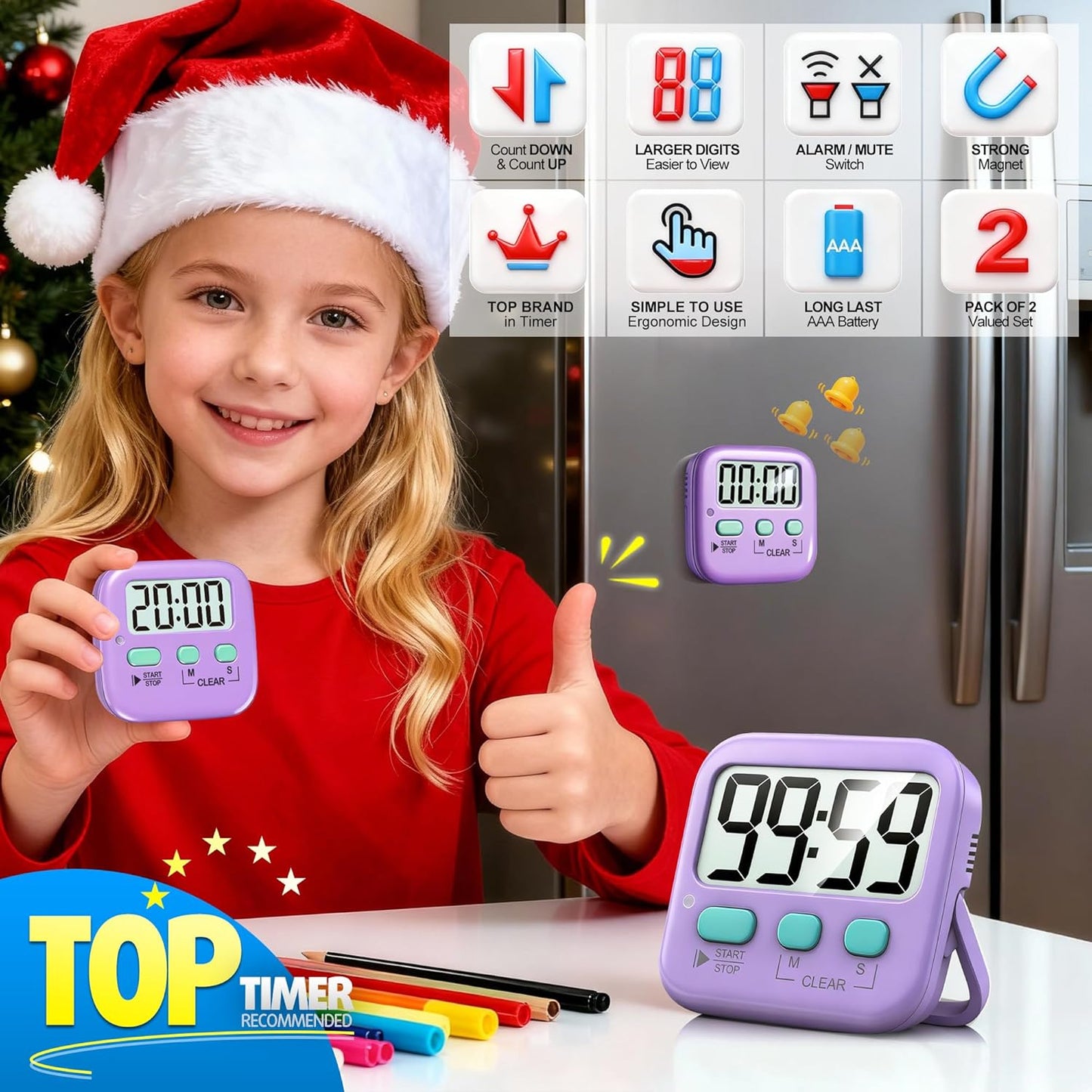 Antonki 2 Pack Digital Timer for Kids, Magnetic Countdown Kitchen Timers for Cooking, Egg, Classroom, Teacher, Exercise, Study, Oven - Battery Included