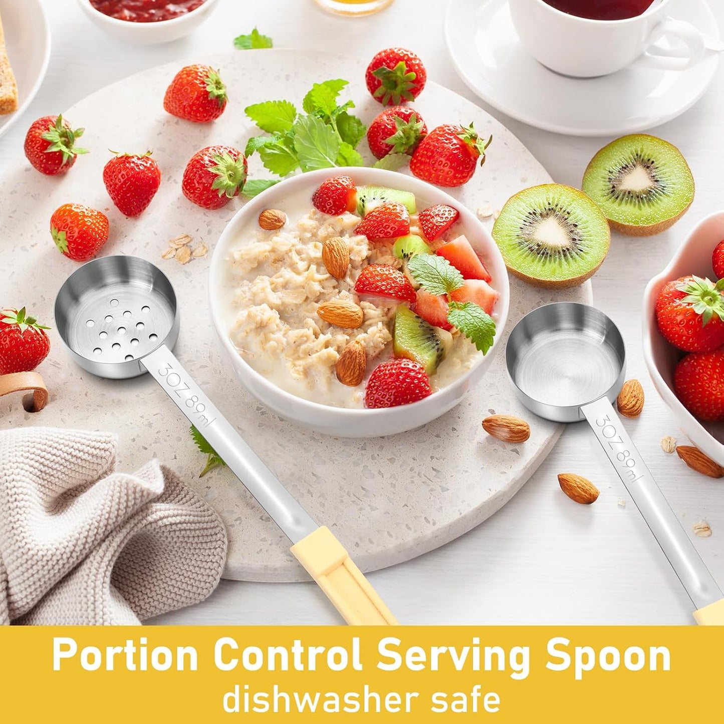 Teenyyou 4 Pcs Portion Control Serving Spoons Portion Control Spoons Ladle Scoops Food Measuring Utensils Proportion Manage Slotted and Unslotted Scoops for Weight Loss(Green,4oz)