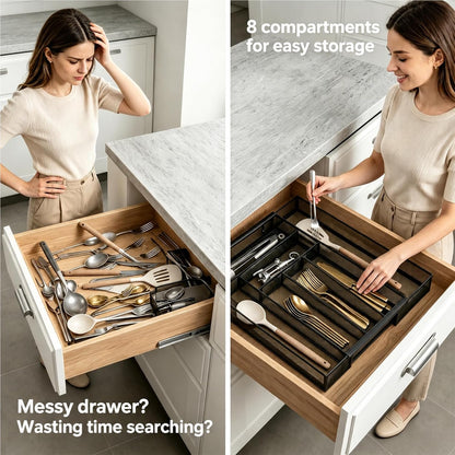 Sedegn Silverware Organizer Metal Mesh, Large Drawer Organizer, Utensil Cutlery Tray for kitchen drawers, Flatware Organizer with 6 Compartment, Black (11.3”*16“)