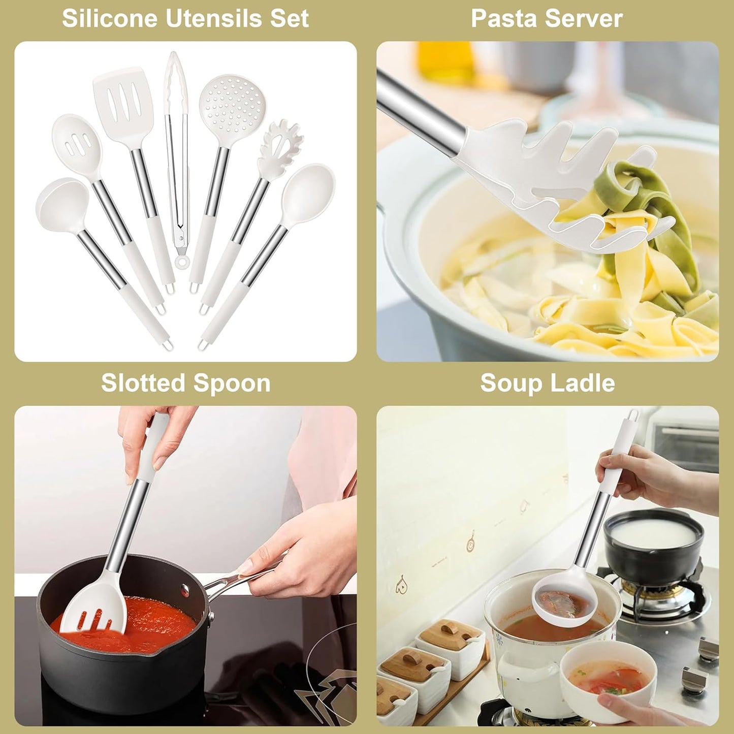 E-far Silicone Cooking Utensils Set, 7 Pcs Heat Resistant Kitchen Utensils with Stainless Steel Handle, Slotted Turner, Spoon, Soup Ladle, Pasta Server, Skimmer, Tongs for Nonstick Cookware, Black