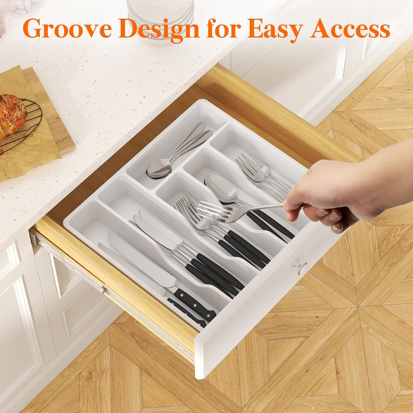 Lifewit Silverware Organizer with Lid, Covered Utensil Tray for Kitchen Drawer and Countertop, Plastic Cutlery and Flatware Storage Box for Spoons Forks Knives Holder Case, 12.6x11.8", Gray