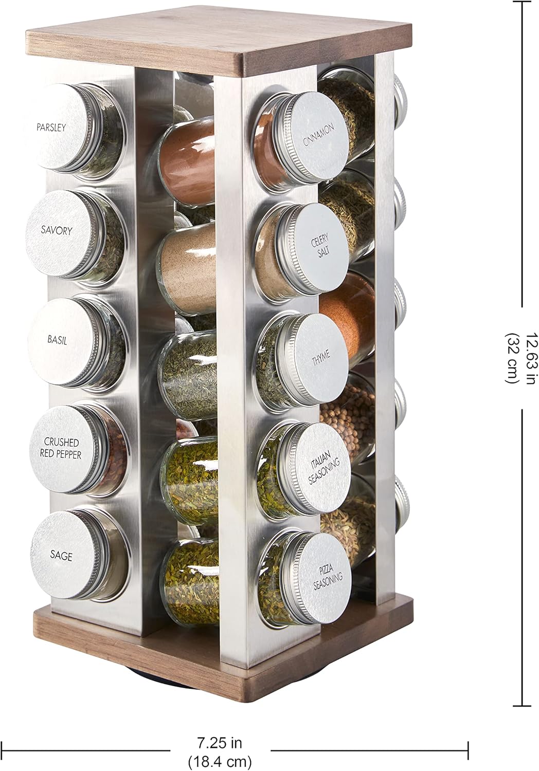 Kamenstein 20 Jar Revolving Countertop Spice Rack with Spices Included, FREE Spice Refills for 5 Years, Polished Stainless Steel with Black Caps, 30020