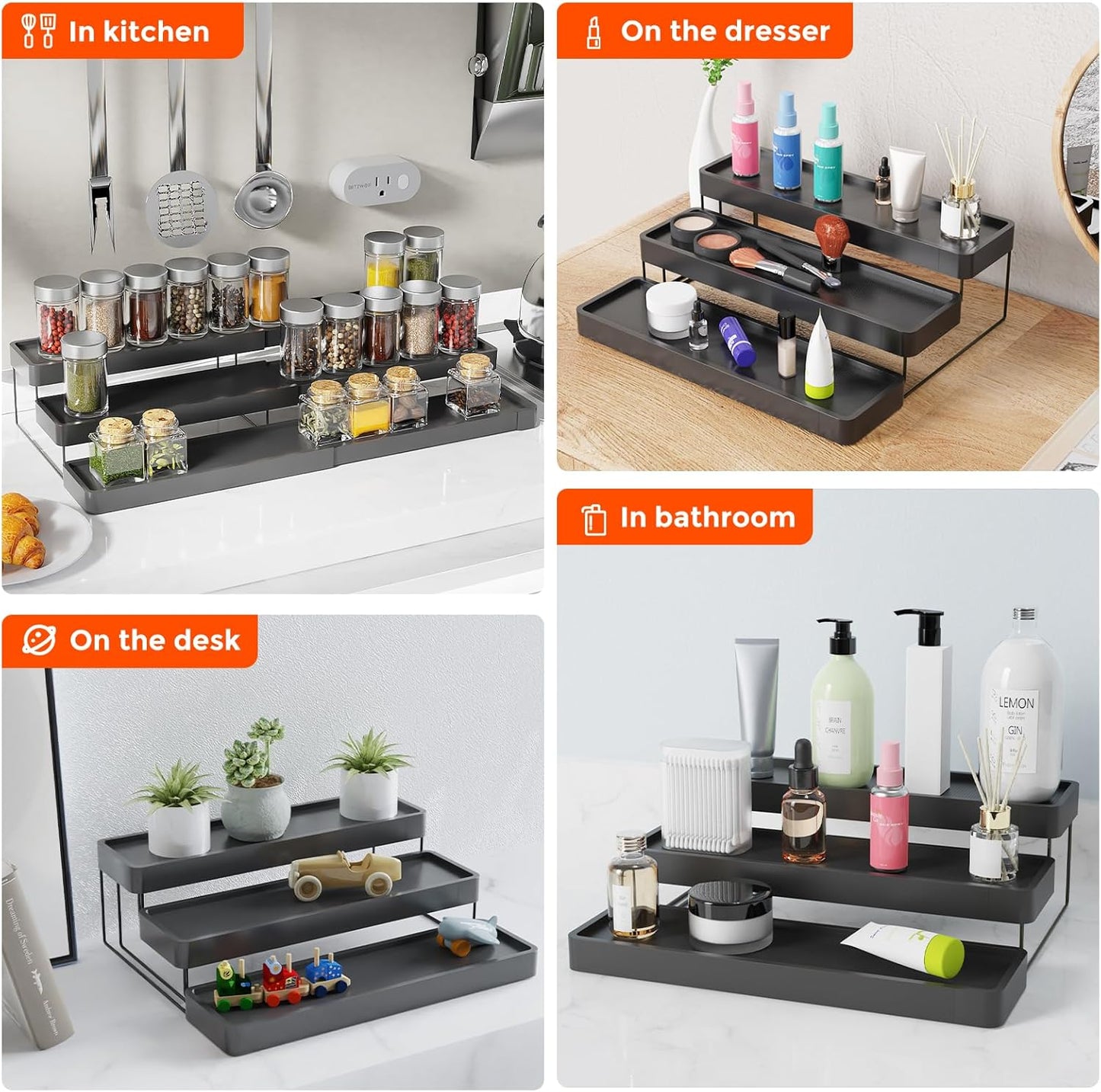 Expandable Spice Rack Organizer for Cabinet - 3 Tier Adjustable Cabinet Spice Organizer Easy Visibility - Spice Organizer for Cabinet Countertop Cupboard Pantry Organization (White)