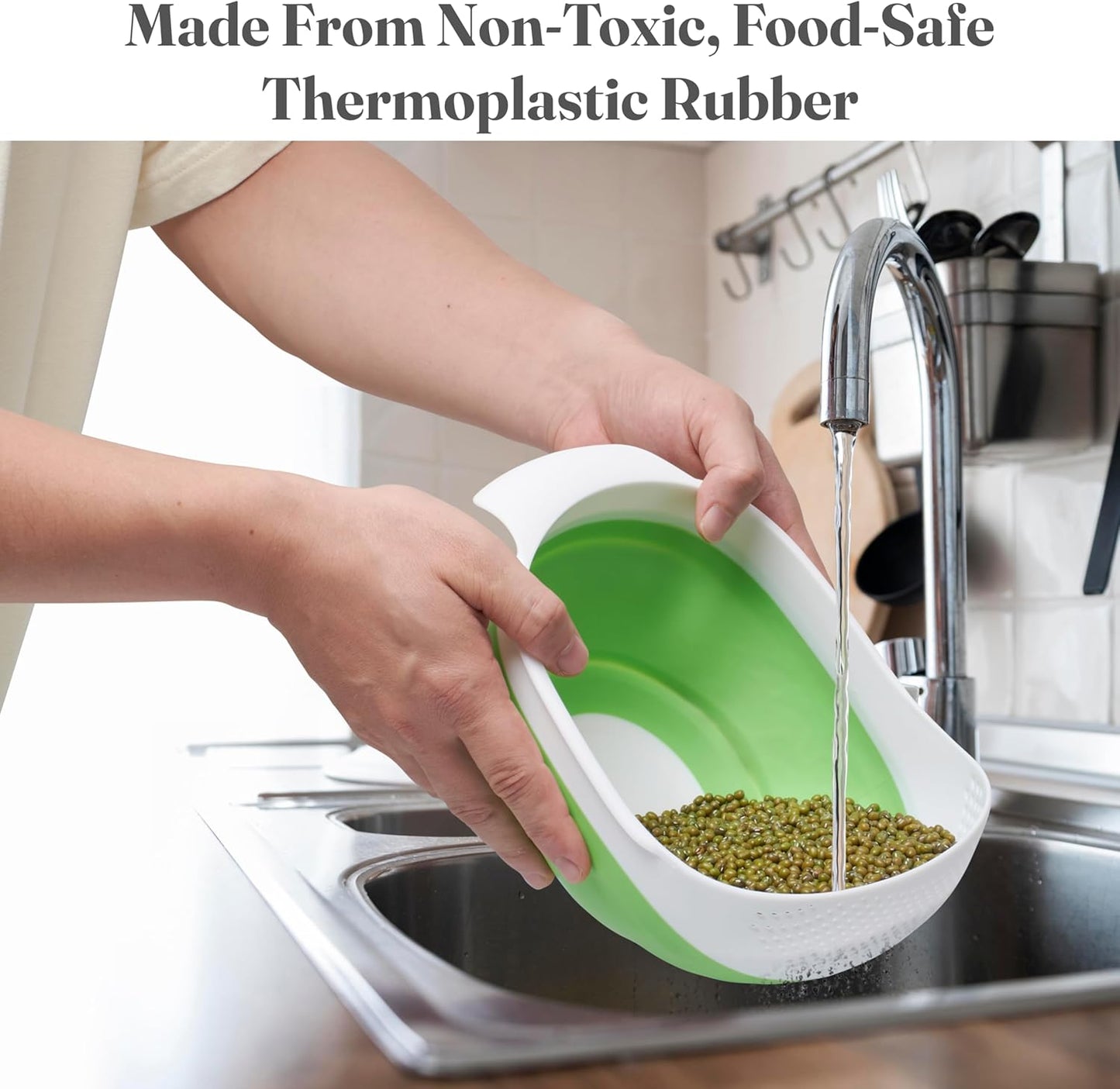 Kitchen Gizmo Collapsible Rice Strainer - Silicone Rice Washer Strainer Bowl - BPA Free - Space Saving Design - Lightweight and Easy to Clean - 9.1 x 7.1in High - Green/Grey