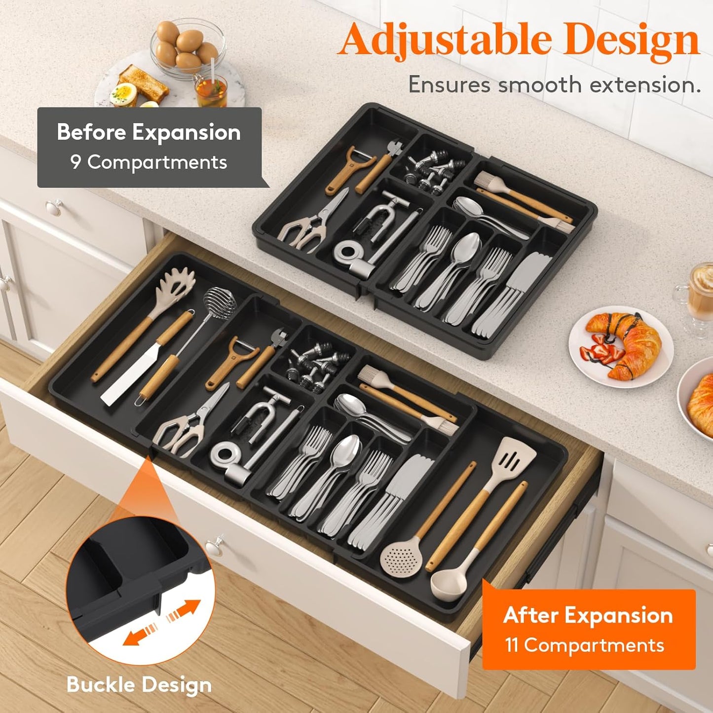 Lifewit Utensil Organizer for Kitchen Drawer, Expandable Cooking Silverware Tray, Adjustable Cutlery Flatware Holder, Plastic Spatula Tools Storage Divider, 14.4 x 15.8", Black