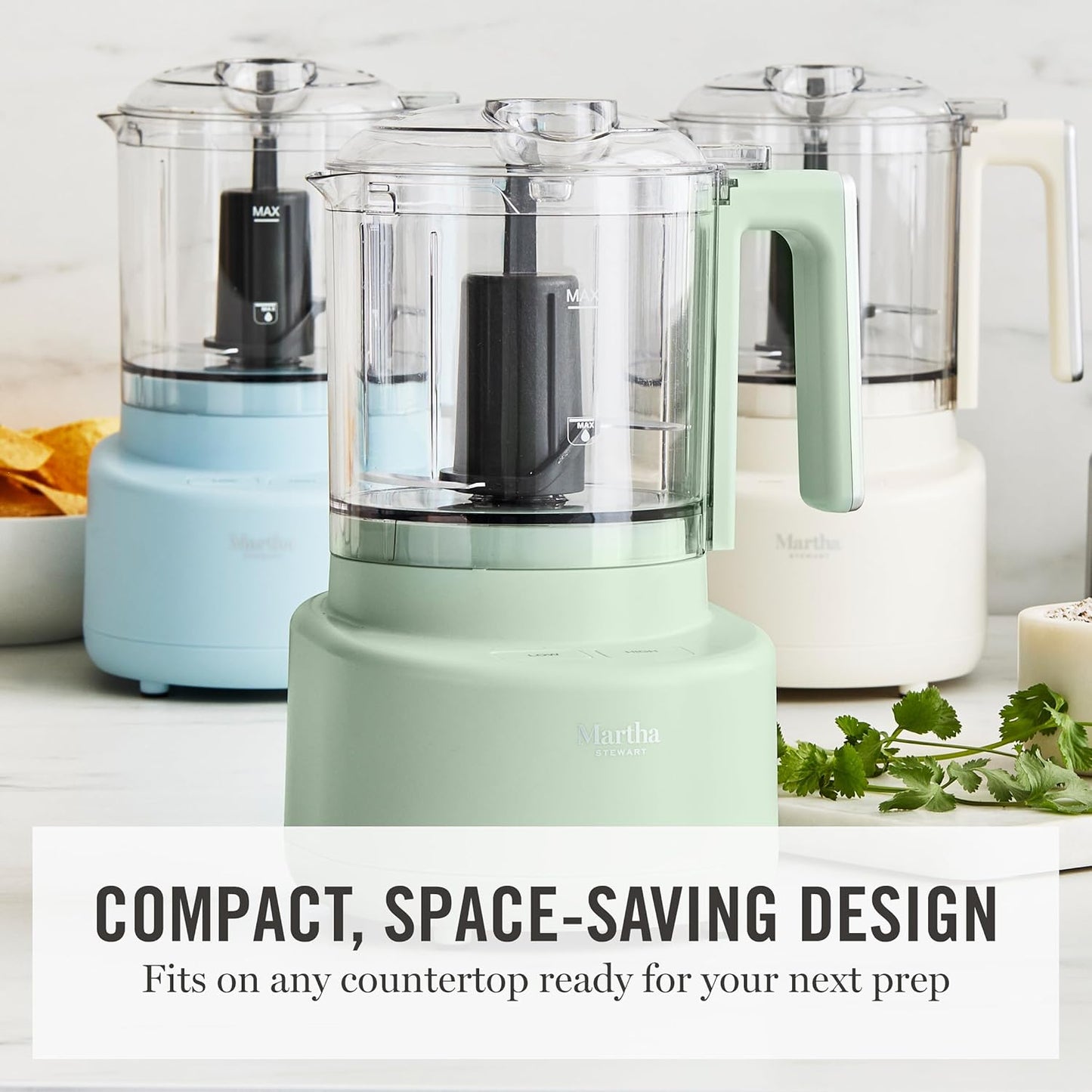 Martha Stewart 3 Cup Electric Food Chopper, Vegetable & Herb Mini Food Processor, 24oz BPA-Free Bowl, Stainless Steel Blades, Pour Spout, Dicing, Mincing, Chop & Puree, Dishwasher Safe, Sky