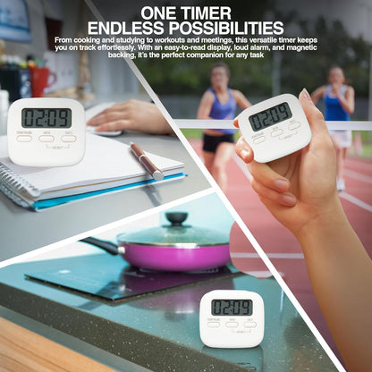 Digital Kitchen Timer Magnetic Backing Stand, Loud Alarm Timers, Timers for Kitchen, Baking, Exercise Training, Study, Count up and Count down Clock, White