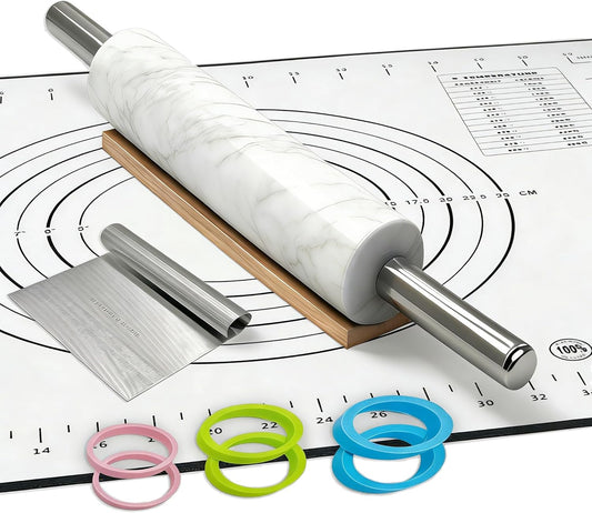 White Marble Rolling Pin with Stainless Steel Handles Baking Set - Silicone Baking Mat, Stainless Steel Dough Cutter, 3 Multicolor Thickness Guides & Wooden Base, Ideal for Pastry, Dough & Pizza