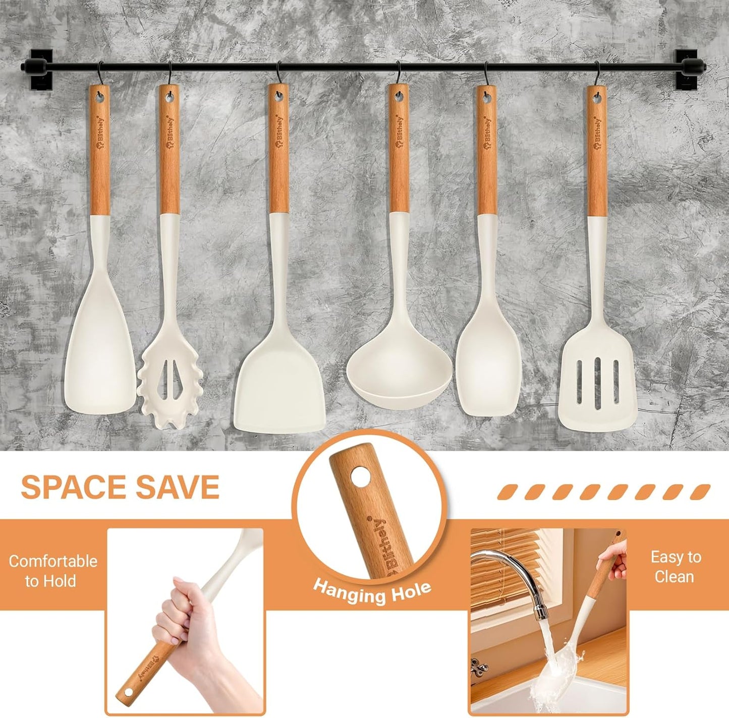 Large Silicone Cooking Utensils Set, 10Pcs Nonstick Kitchen Utensil Set with Wooden Handle, Heat Resistant Silicone Utensils for Cooking, BPA Free Spatula Set with Turners Spoon Ladle Skimmer(Black)