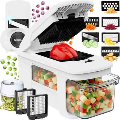 Fullstar XL Vegetable Chopper & Mandoline Slicer – Vegetable, Onion, Potato, Food, Veggie & Fruit Slicer, Dicer & Spiralizer with Pull-Out Catch Tray, Kitchen Gadgets & Gifts (6 in 1, Black/White)