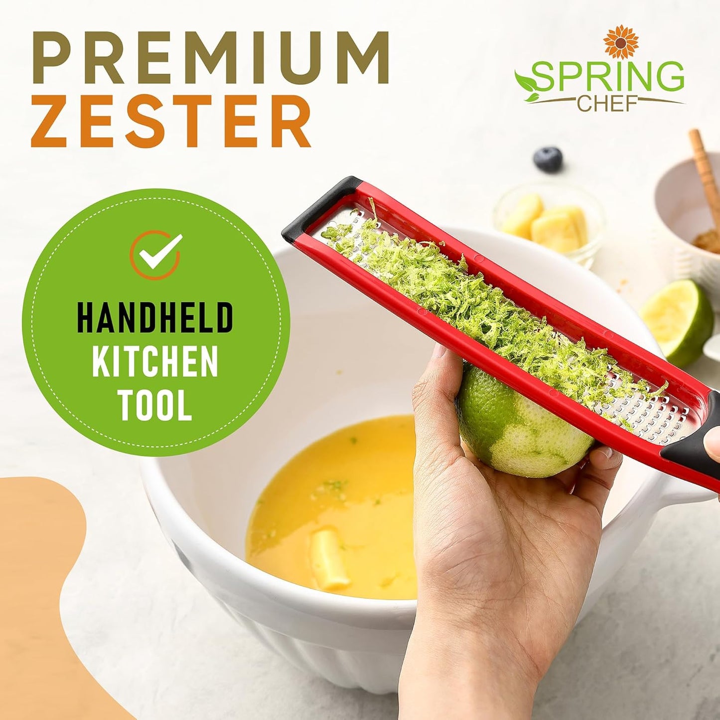 Spring Chef Premium Lemon Zester Grater with Handle - Fruits, Garlic, Chocolate, Nutmeg, Ginger Grater - Heavy Duty Kitchen Tool - Stainless Steel Citrus Zester with Blade Cover - Fine Shred, Black