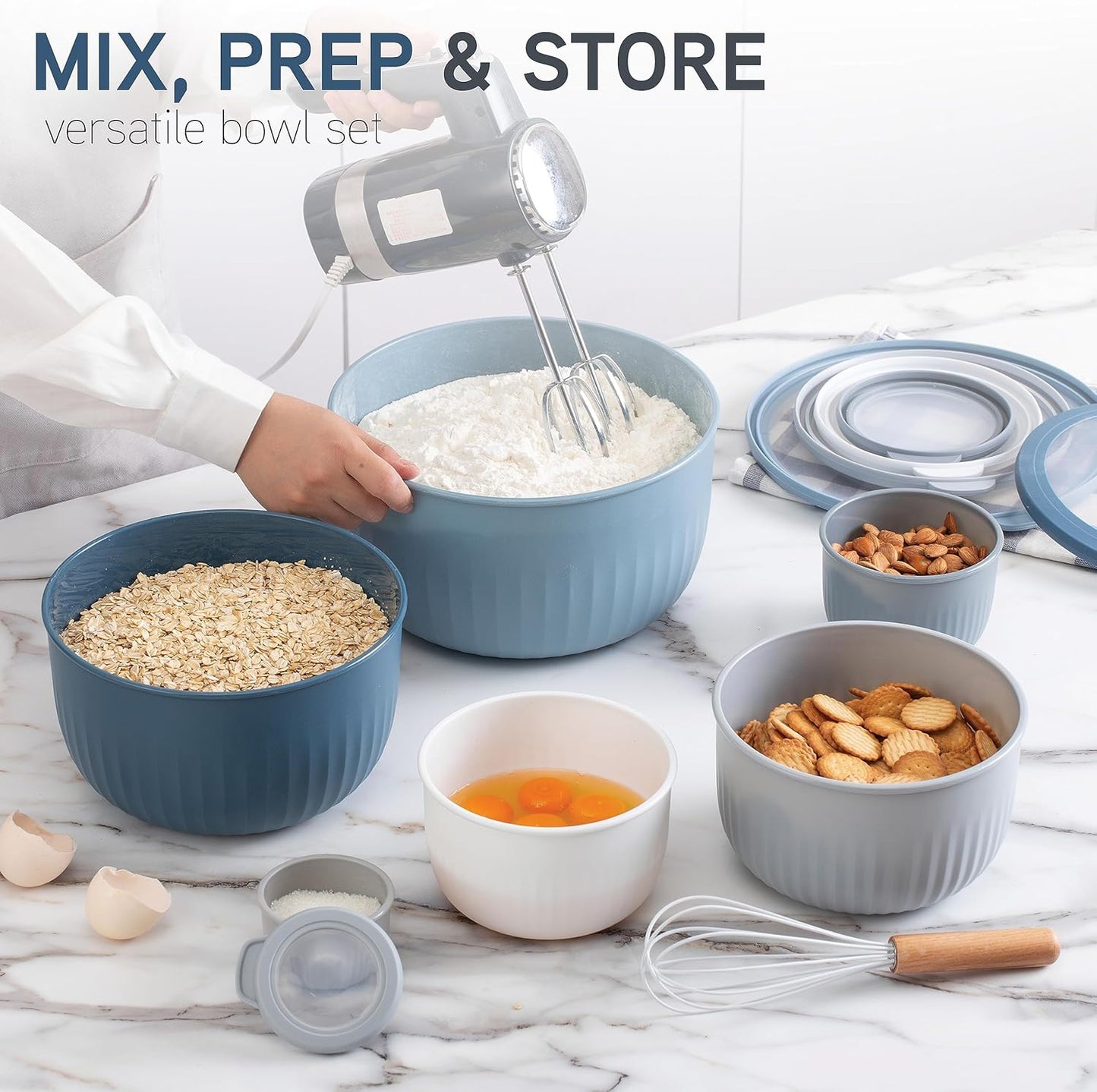 COOK WITH COLOR Prep Bowls with Lids- Wide and Deep Nesting Plastic Small Mixing Bowl Set with Lids, 8 Piece Set - Wide Bowls, Blue
