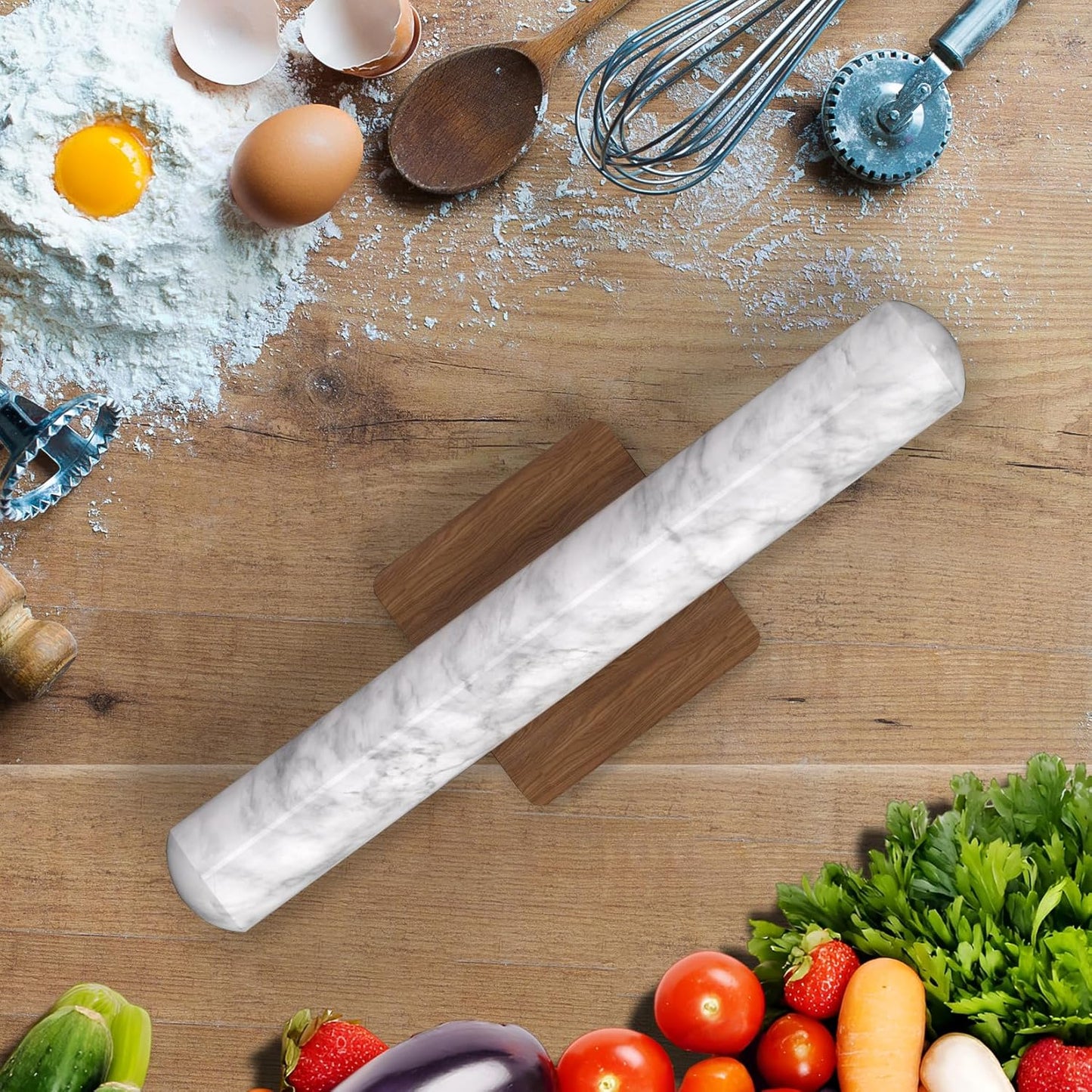 French Rolling Pin for Baking, FiiMan 12 Inch Marble Rolling Pins with Wooden Stand, Heavy Stone French Polished Non-Stick Roller Pins For Baking Cookie Pizza Pastry (Black)