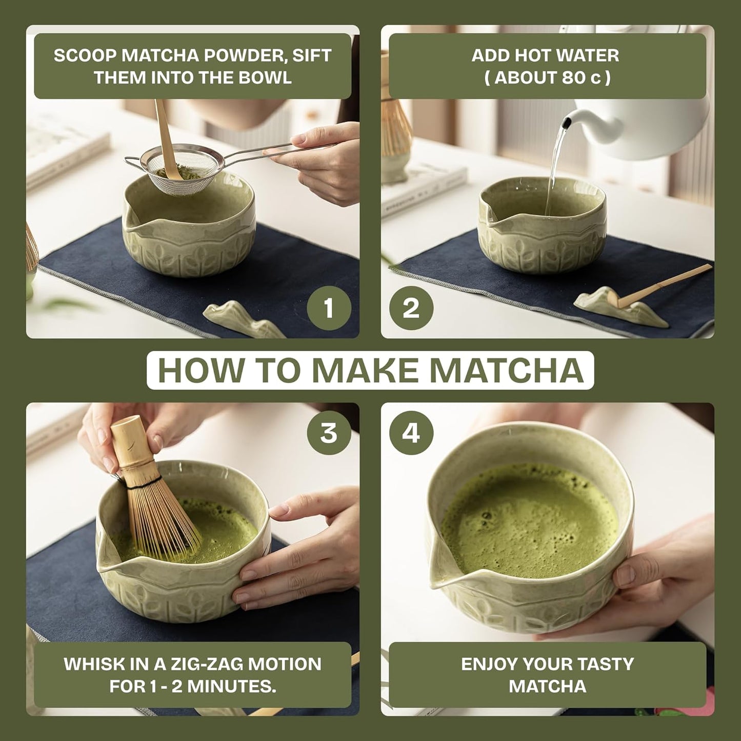 8-Piece Matcha Whisk Set with Bowl, Bamboo Matcha Whisk, Whisk Holder, Scoop & Sifter, Traditional Matcha Kit for Ceremonial Matcha Tea & Lattes, Green