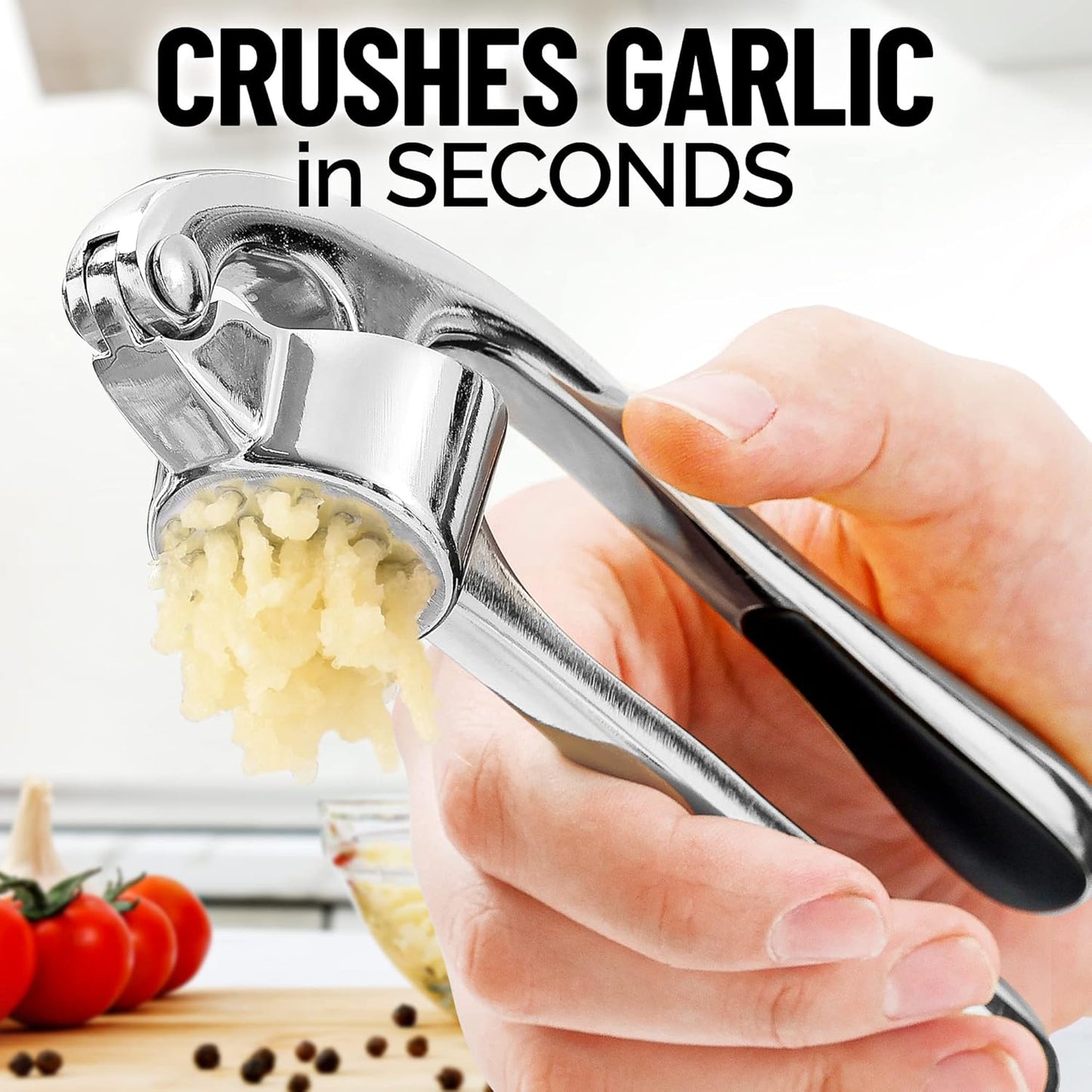 Zulay Kitchen Premium Garlic Press Set - Rust Proof Professional Garlic Mincer Tool - Easy-Squeeze, Easy-Clean with Soft, Ergonomic Handle - Silicone Garlic Peeler & Brush (Silver)