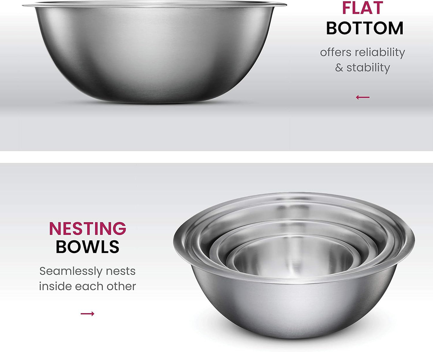 FineDine Stainless Steel Mixing Bowls Set, Dishwasher Safe, 6 Piece Metal Mixing Bowls For Kitchen, Nesting, Large, Small, Big Food Prep, Cooking, Baking